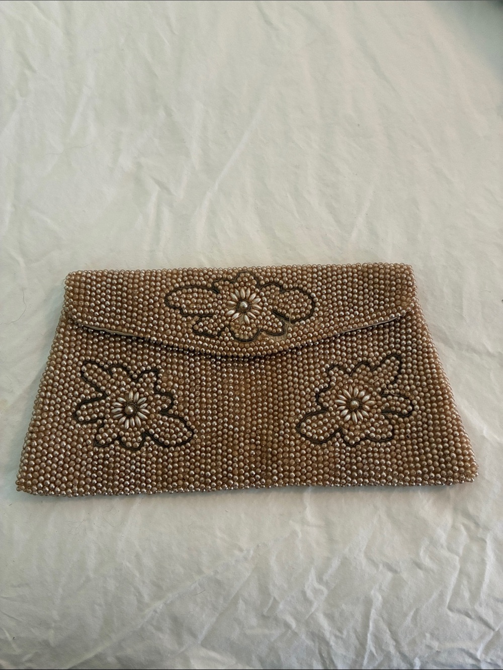 Embellished Pearl Floral Clutch in Champagne
